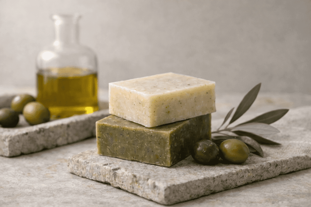 Produktbild von zwei Seifen und Oliven